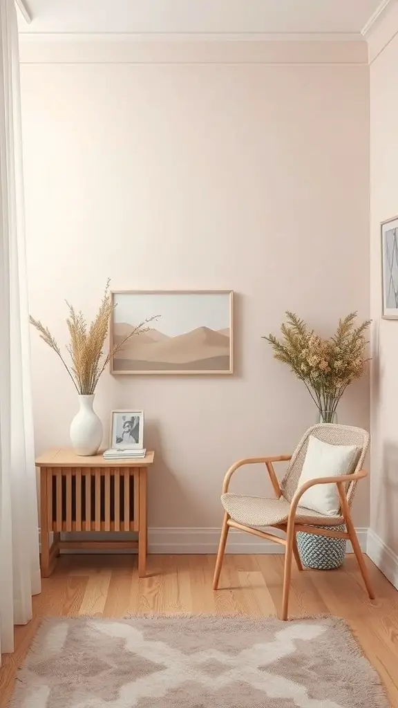 25+ Stunning Items to Achieve a Stockholm-Style Room Makeover 11 A cozy room corner featuring blush walls, a wooden chair, and a side table with decorative elements.