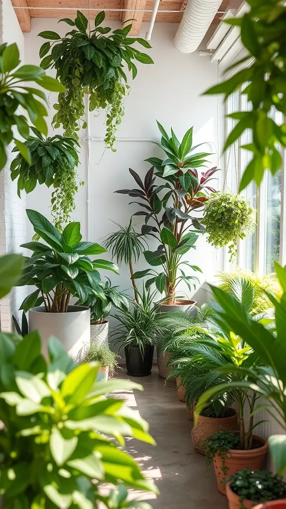 Indoor space filled with various plants, showcasing a bright and fresh atmosphere.