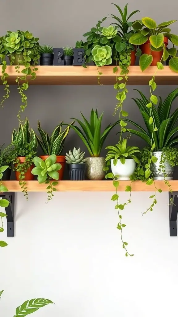A shelf filled with various indoor plants in different pots, showcasing a vibrant green display.