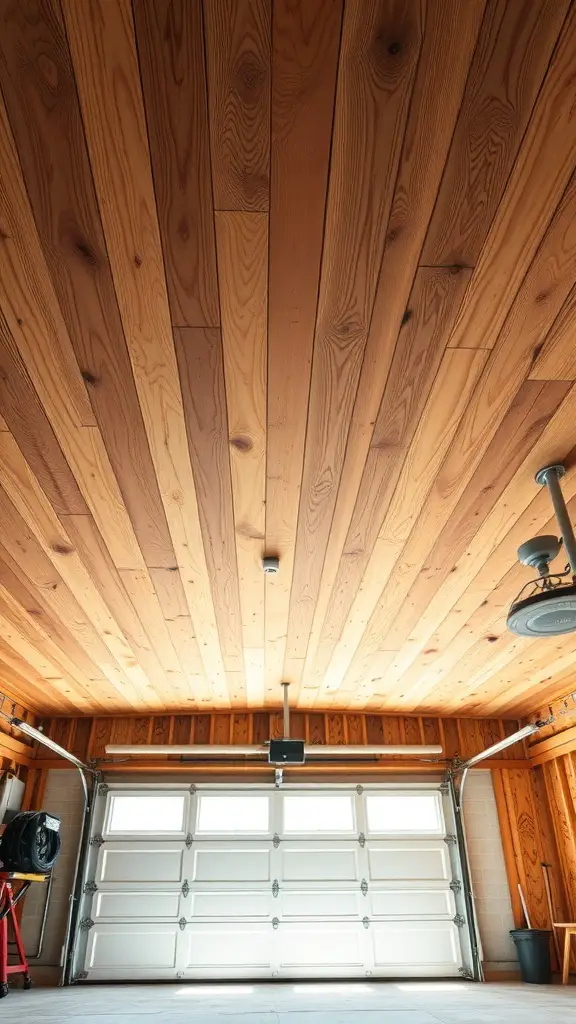 Cedar plank ceiling in a garage, showcasing natural wood grain.