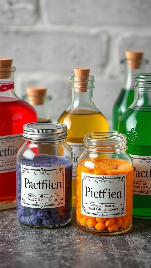 25+ Spooktacular Dollar Tree Halloween Decor Ideas Under $25 11 Colorful potion jars filled with vibrant contents, labeled with whimsical names for Halloween decor.