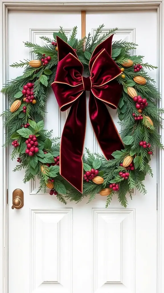 29+ Elegant Fall Wreaths to Enhance Your Home Decor 19 A fall wreath featuring a burgundy velvet bow, greenery, red berries, and decorative nuts.