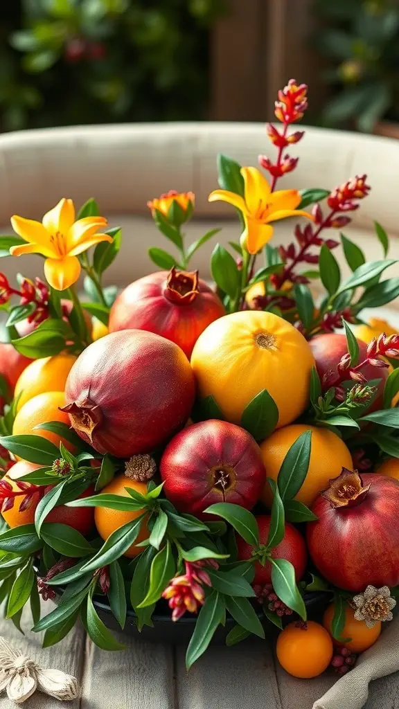 31+ Creative Christmas Centerpieces for Your Holiday Table 19 A festive centerpiece featuring ornamental fruits like pomegranates and oranges, surrounded by greenery and flowers.