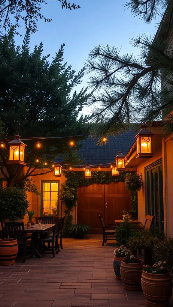 A cozy patio garden with vintage lanterns hanging and illuminating the space.