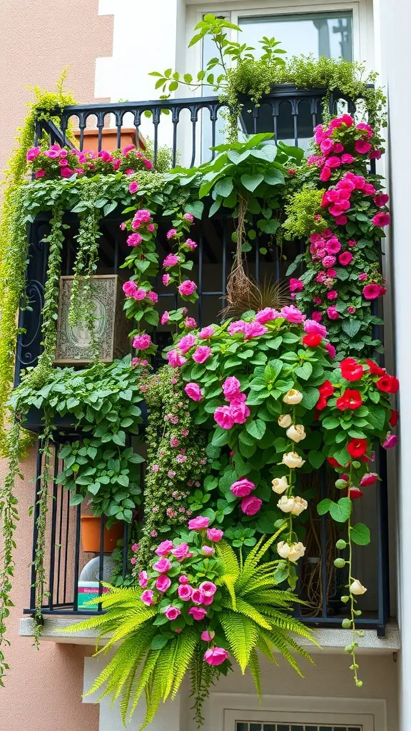 29+ Creative Street Garden Ideas for a Stunning Urban Oasis 9 A colorful vertical garden with various flowers and greenery on a balcony.