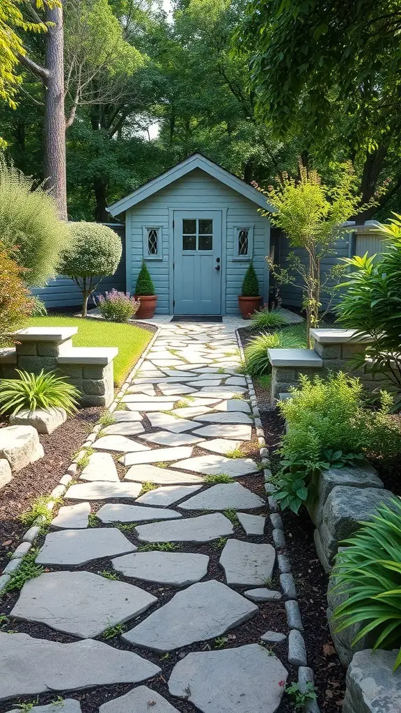 21+ Stunning Shed Landscaping Ideas to Transform Your Garden 7 A stone pathway leading to a blue shed, surrounded by greenery and potted plants.