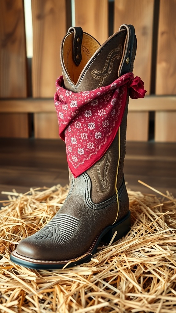 25+ Creative Cowboy Boot Centerpieces for Your Next Event 10 A cowboy boot with a red bandana on straw, serving as a centerpiece.