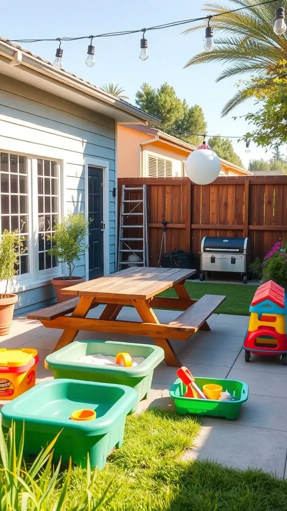 17 Stylish Patio Furniture Layout Ideas for Your Outdoor Space 4 A family-friendly patio with a picnic table and colorful play bins.