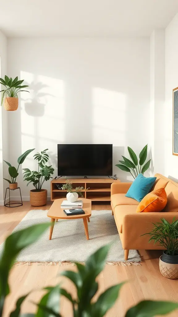 A bright living room featuring an orange sofa, blue cushions, and various indoor plants.