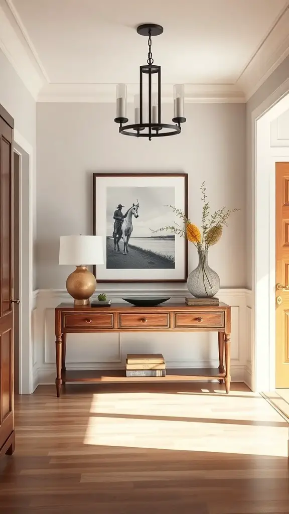 25+ Stunning Ralph Lauren-Inspired Interior Design Ideas 10 A stylish entryway featuring a wooden console table, a lamp, a vase with flowers, and a framed artwork of a horse rider.