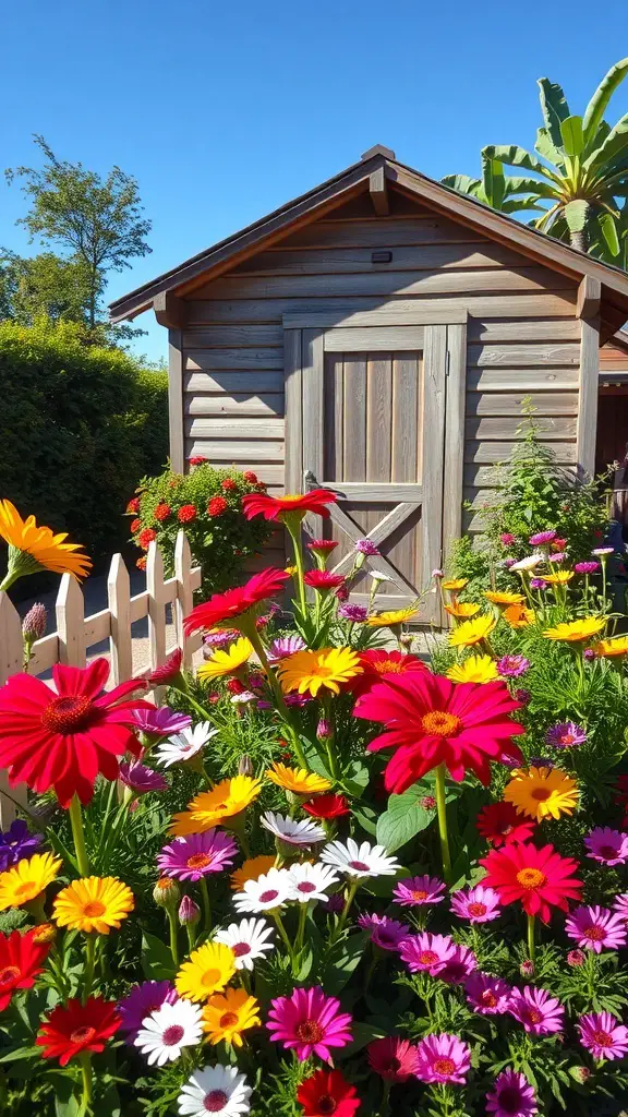 21+ Stunning Shed Landscaping Ideas to Transform Your Garden 4 Colorful flower beds surrounding a wooden shed