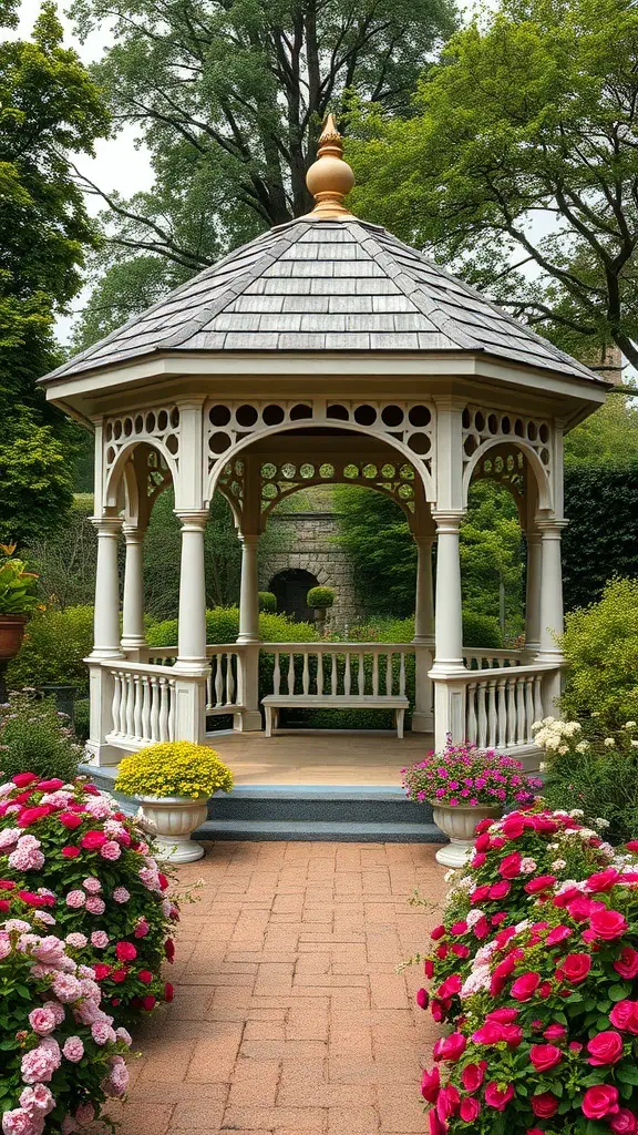 27+ Stunning English Garden Landscaping Ideas You’ll Love 6 A beautiful gazebo surrounded by colorful flowers in a garden.