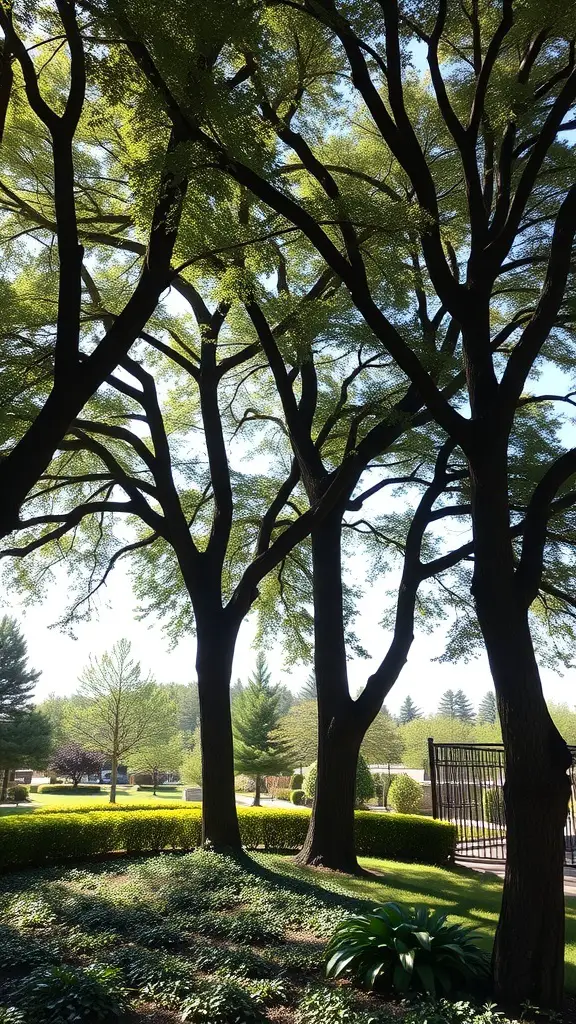 21+ Stunning Full Shade Landscaping Ideas for Your Garden 4 Tall trees with broad canopies providing shade in a landscaped area