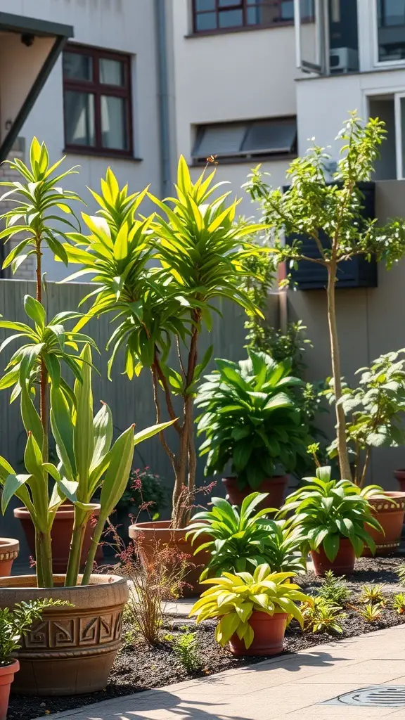 29+ Inspiring Small Urban Garden Design Ideas You’ll Love 5 A small urban garden with various potted plants arranged to maximize sunlight exposure.
