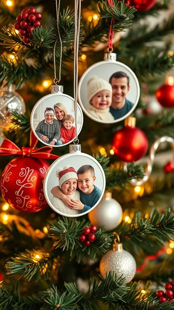 Personalized photo ornaments hanging on a Christmas tree, featuring family pictures.