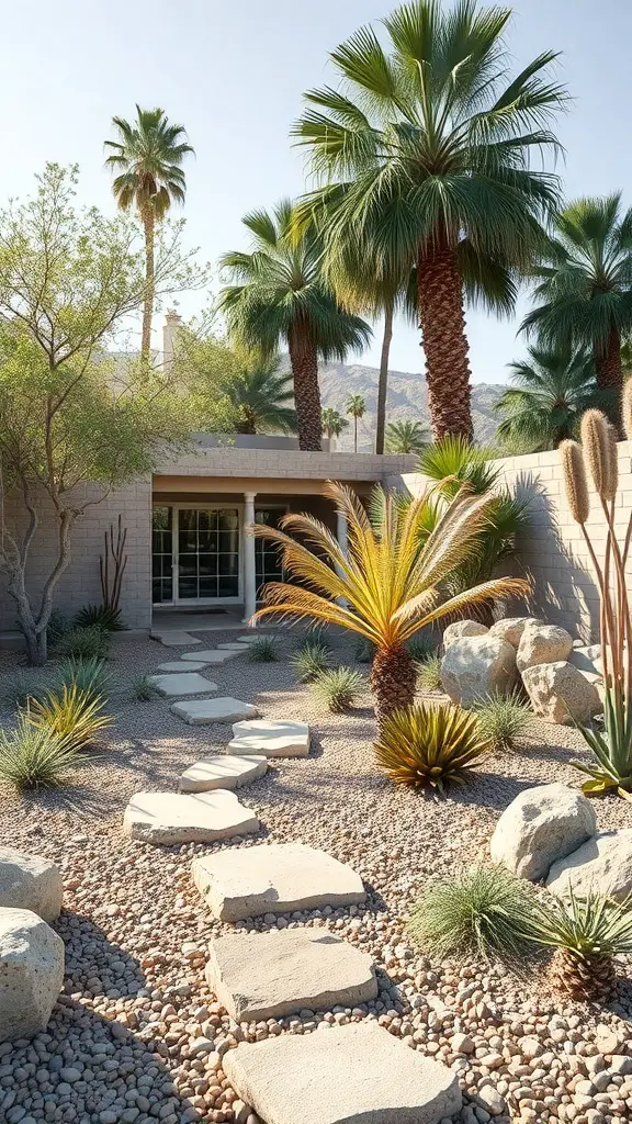 A sustainable Palm Springs landscape featuring palm trees, unique plants, and a stone pathway.