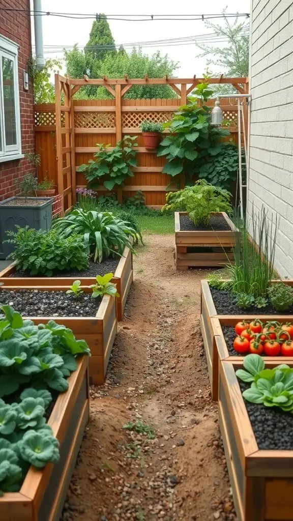 27+ Creative Long Narrow Backyard Ideas for Your Outdoor Space 6 A narrow backyard with raised garden beds filled with vegetables.