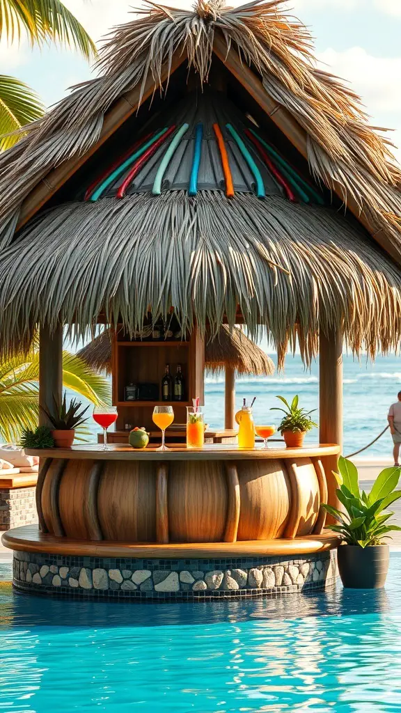 A tiki hut poolside bar with colorful drinks and a tropical setting.