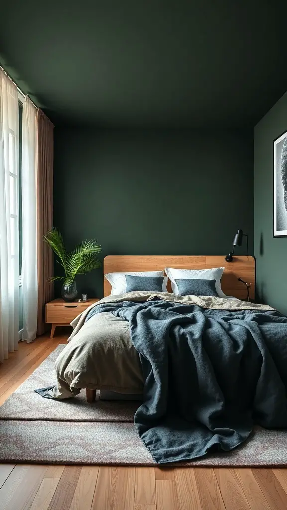35+ Stunning Dark Green Bedroom Ideas for a Cozy Retreat 16 A cozy bedroom with dark green walls and light wood accents, featuring a wooden bed frame, nightstand, and a plant.