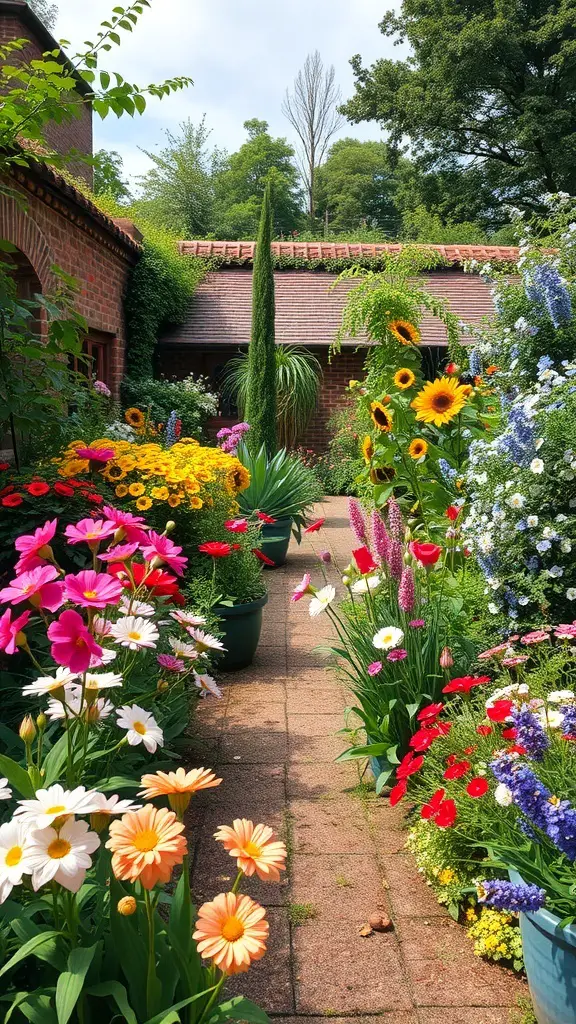 A colorful garden path lined with various flowers in vibrant hues.