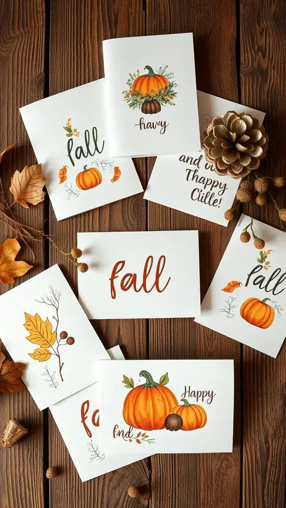35+ Creative Fall Craft Ideas You’ll Love 14 A collection of autumn-themed greeting cards featuring pumpkins and fall leaves on a wooden surface.