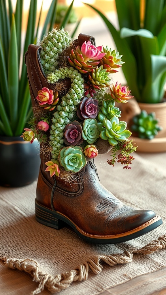 25+ Creative Cowboy Boot Centerpieces for Your Next Event 14 A succulent garden arranged in a brown leather cowboy boot, featuring various colorful succulents.