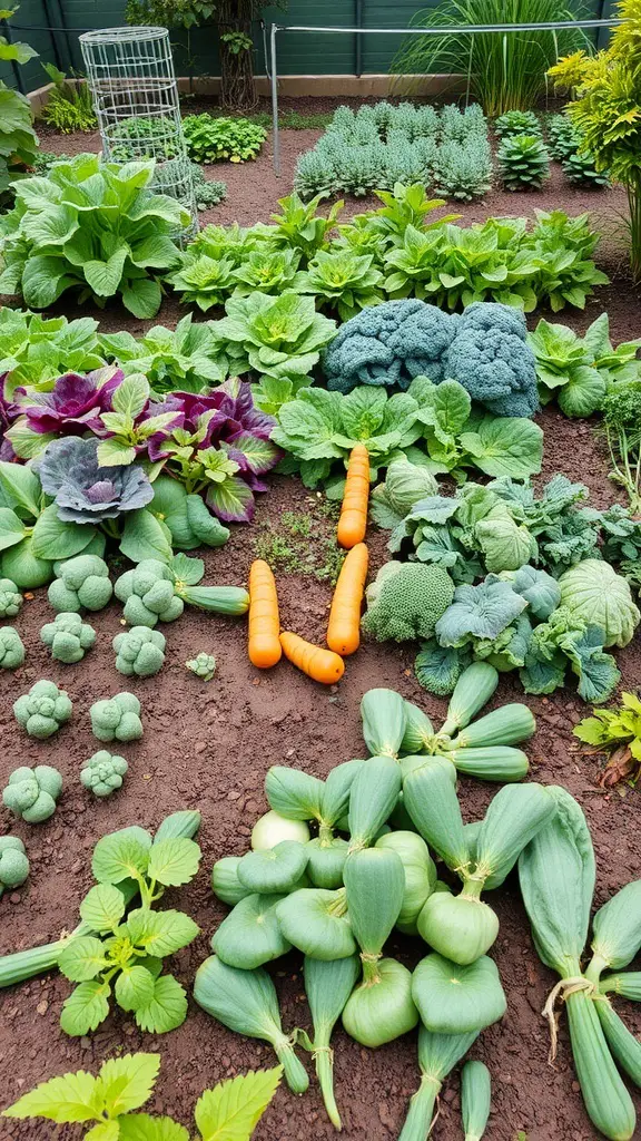 A garden with various vegetables and flowers in raised beds, illustrating seasonal vegetable rotation.