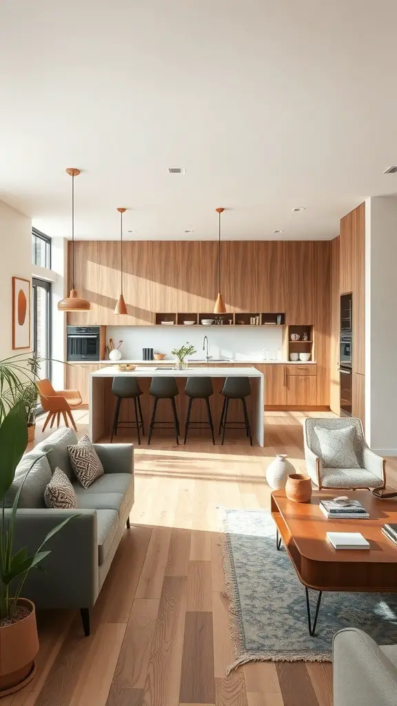 27+ Stunning Open Plan Kitchen Living Room Ideas to Transform Your Space 12 A modern open plan kitchen living room with wooden accents and soft furnishings.