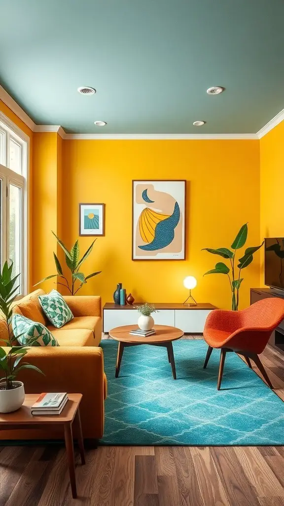 31+ Inspiring Mid Century Decor Ideas for a Stylish Home 3 A vibrant mid-century inspired living room with yellow walls, teal ceiling, orange sofa, and geometric rug.