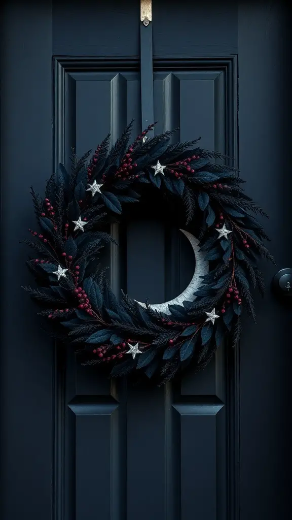 27+ Spooktacular Halloween Wreath Ideas to Enhance Your Decor 16 A dark wreath with black foliage, red berries, silver stars, and a crescent moon, hanging on a dark door.