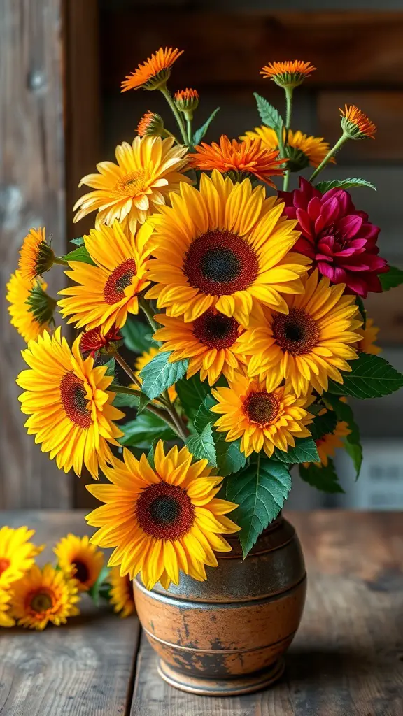 35+ Creative Fall Craft Ideas You’ll Love 11 A vibrant fall flower arrangement featuring sunflowers, dahlias, and marigolds in a rustic vase.
