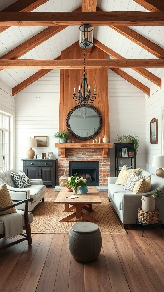 27+ Vintage Farmhouse Living Room Ideas for Cozy Charm 4 A rustic farmhouse living room featuring wood beams and shiplap walls.