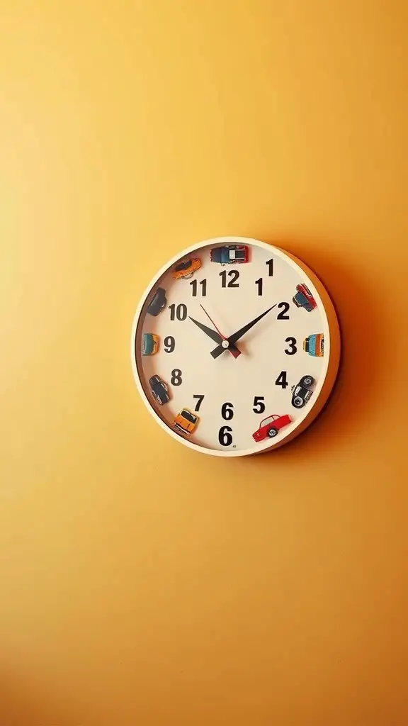 23+ Creative Car Room Decor Ideas for Enthusiasts 8 A colorful car-themed wall clock on a yellow wall.