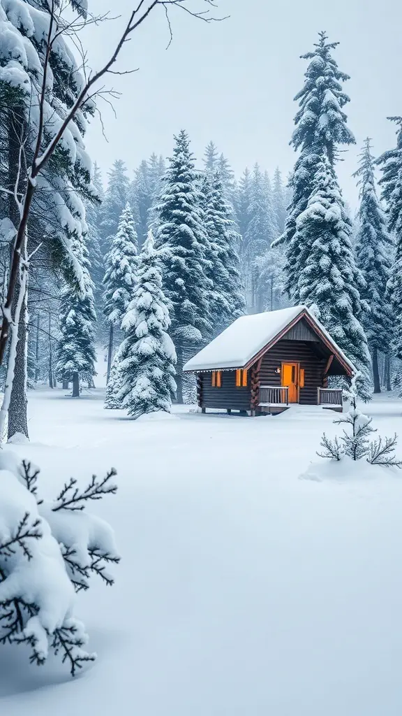 27+ Festive Christmas Painting Ideas to Inspire Your Holiday Spirit 8 A cozy cabin in a snowy forest, surrounded by tall trees and a blanket of snow.
