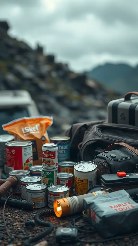 A collection of canned foods and emergency tools arranged on rocky terrain.