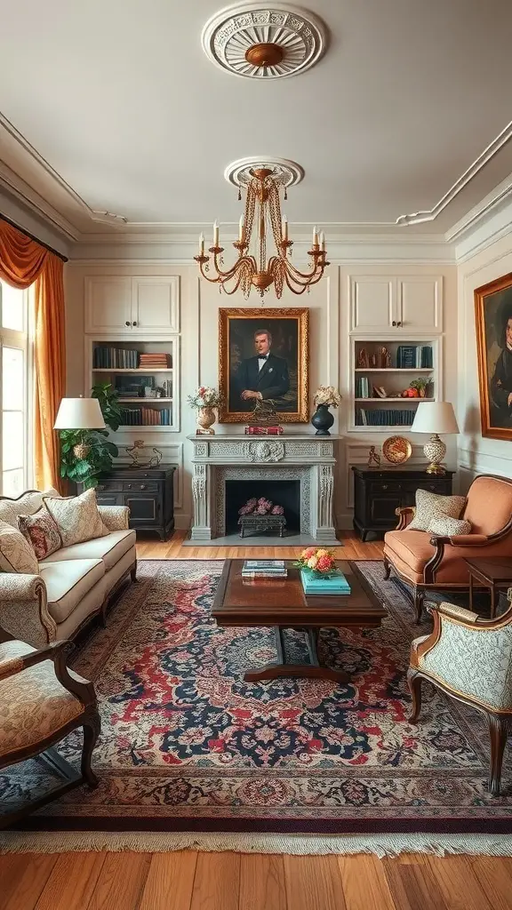 Living room featuring a vintage Persian rug, elegant furniture, and classic decor.