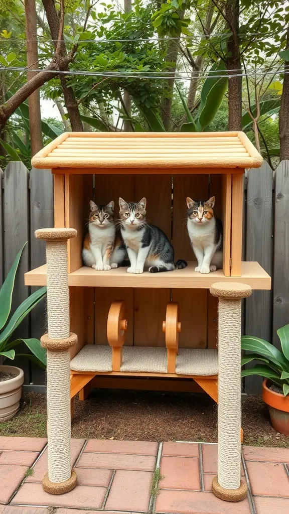 31+ Creative Outdoor Cat House Ideas for Your Feline Friend 13 A wooden cat house with integrated scratching posts, featuring three cats sitting on the upper level.