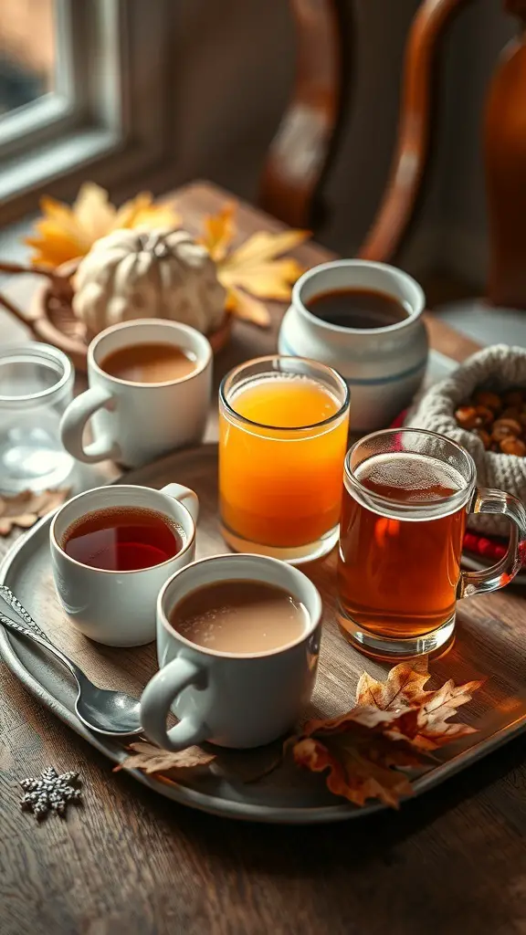 21+ Cozy Fall Mood Board Ideas for the Ultimate Autumn Vibe 15 A selection of hot beverages including coffee, tea, and apple cider on a tray with autumn leaves.