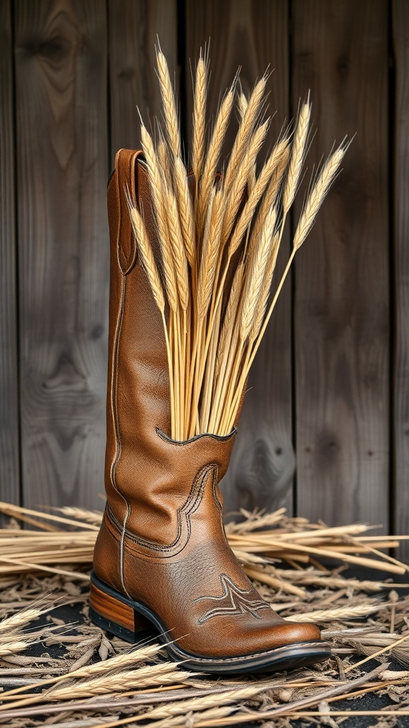 25+ Creative Cowboy Boot Centerpieces for Your Next Event 12 A brown cowboy boot filled with dried grasses and wheat, set against a wooden background.