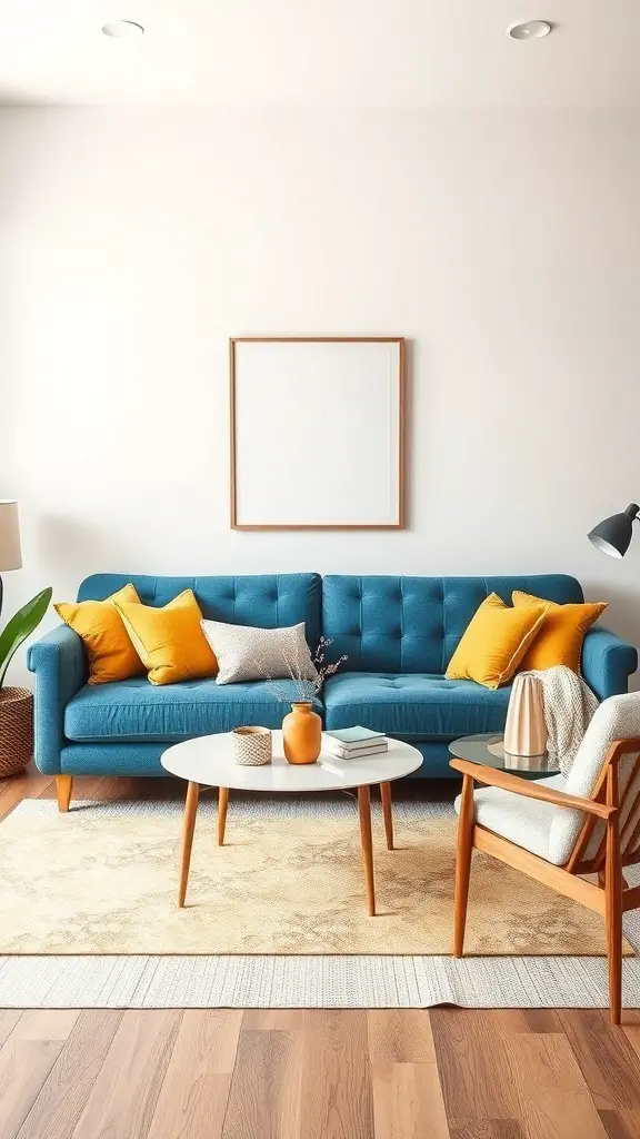 29+ Stunning Blue Couch Living Room Ideas You’ll Love 9 A stylish living room featuring a blue couch with yellow and gray cushions, a round coffee table, and natural wood flooring.