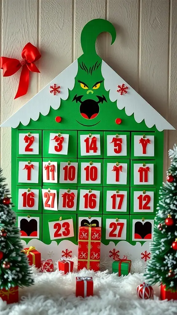 29+ Creative Dollar Tree Grinch Ideas to Spread Holiday Cheer 20 A Grinch-themed advent calendar with a green house shape and numbered doors for each day of December.