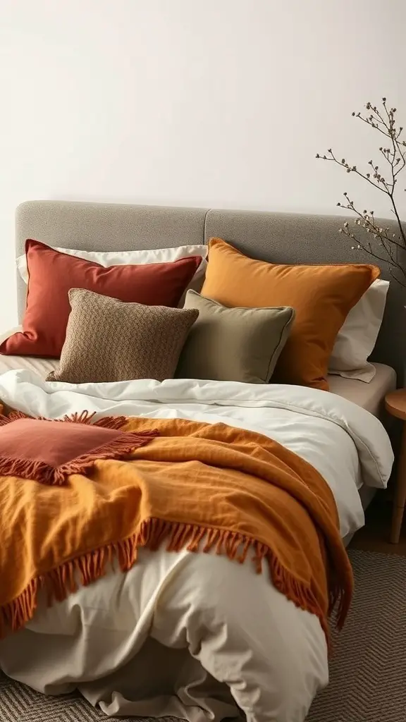 A cozy bed with earthy toned pillows and a warm throw blanket.