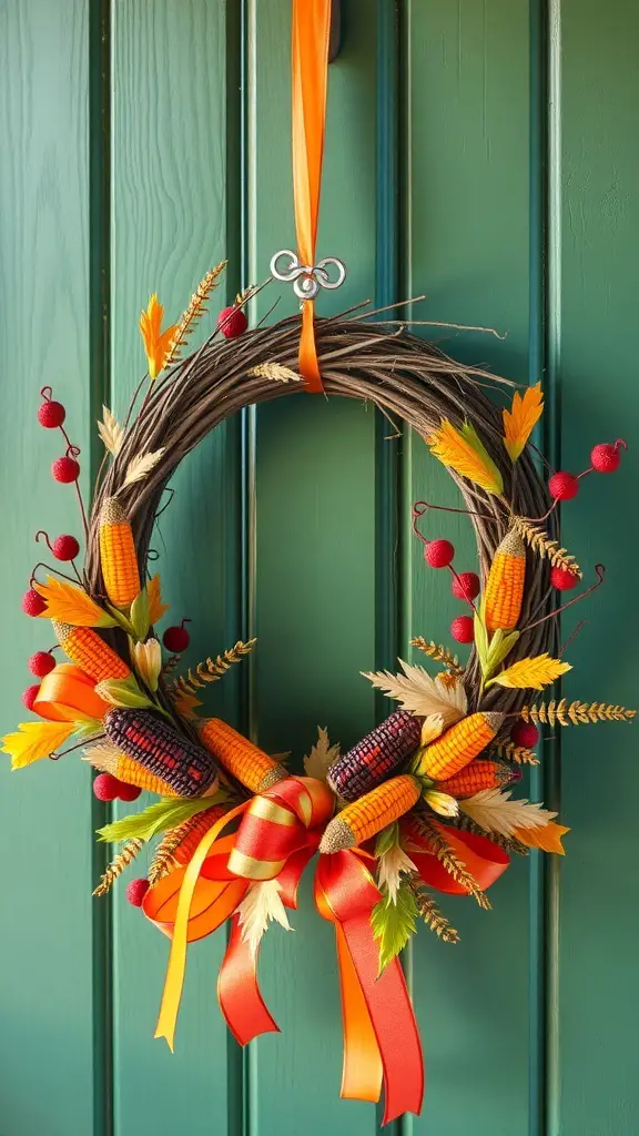 A whimsical harvest-themed wreath featuring colorful corn, leaves, and berries, hanging on a green wall.