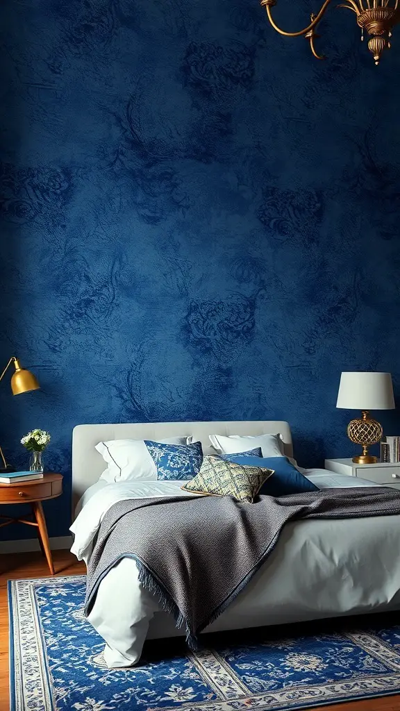 37+ Stunning Dark Blue Bedroom Ideas for a Cozy Retreat 4 A bedroom with deep blue textured wallpaper, white bedding, and decorative pillows.