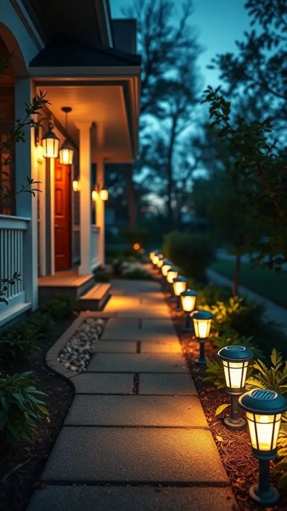 25+ Creative Front Porch Lighting Ideas to Brighten Your Home 21 A front porch with solar-powered lights illuminating a walkway and entrance.