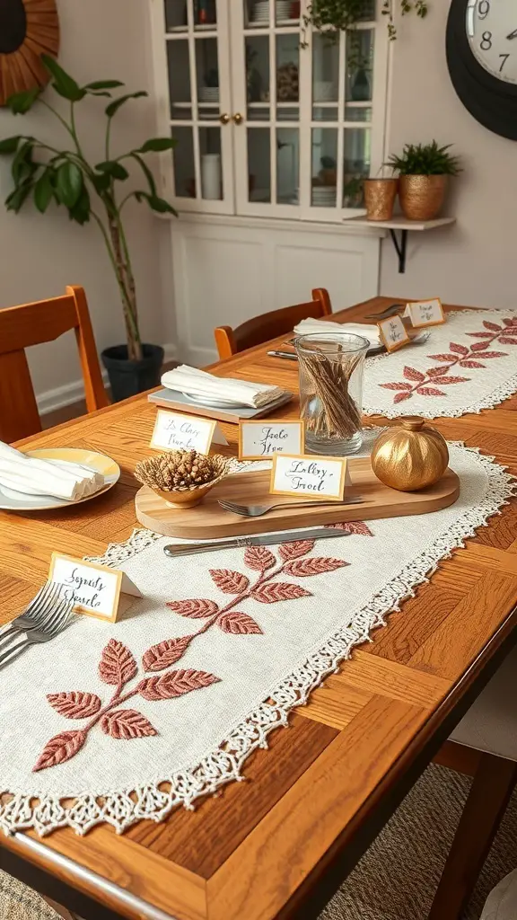 25+ Stunning Fall Dining Table Decor Ideas You Need to Try 16 A fall dining table setting with a leaf-embroidered table runner, place cards, pinecones, and small pumpkins.