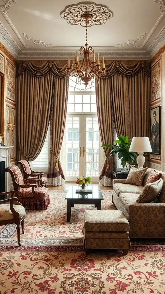 A traditional living room featuring ornate carpets and drapes.
