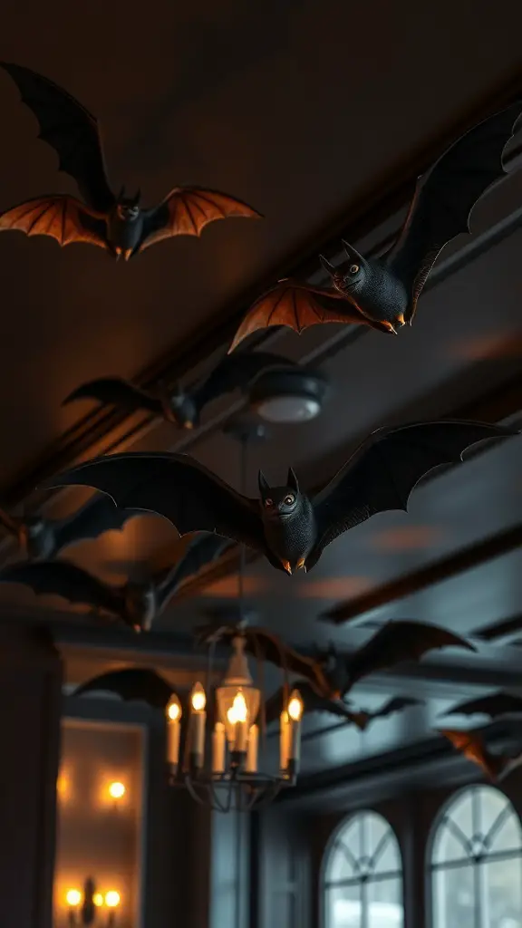Decorative bats hanging from the ceiling in a dimly lit room with a chandelier.