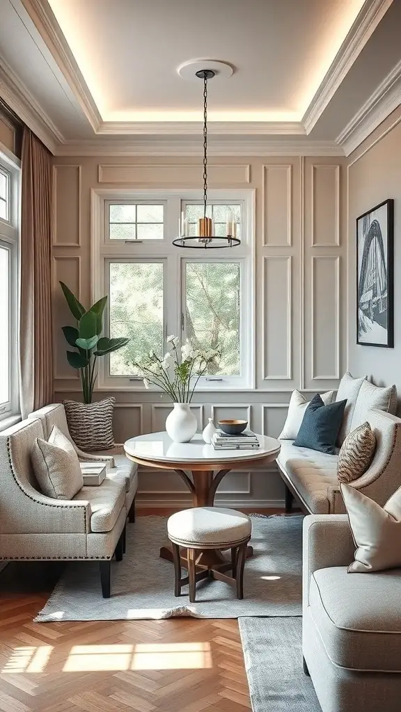 27+ Stunning Small Living Room and Dining Area Combinations 12 A stylish small living room with a dining area featuring a round table, cozy sofas, and natural light.
