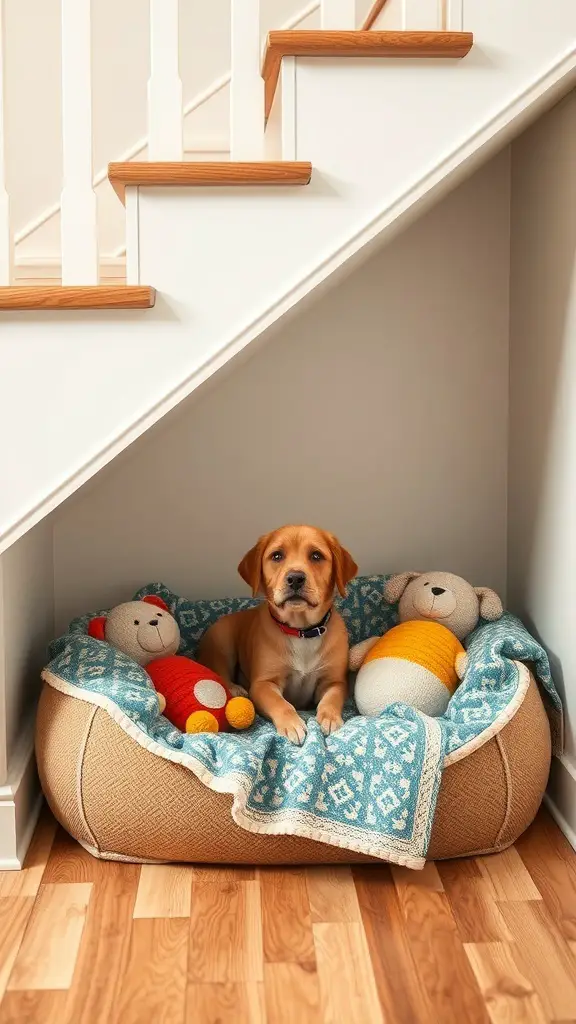 25+ Creative Under Stairs Storage Ideas for Every Home 13 A dog resting in a cozy bed under the stairs, surrounded by colorful toys.